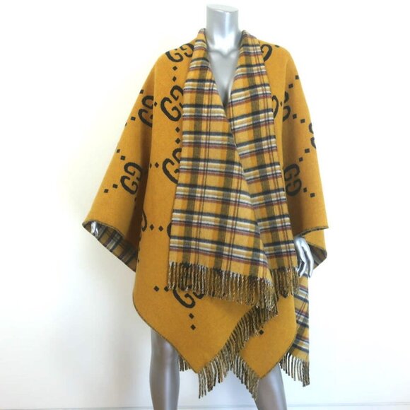 Gucci Reversible GG Wool & Plaid Poncho Mustard Yellow/Multicolor - Picture 1 of 9
